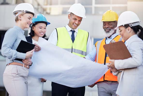 Architect, building and construction team with blueprint in planning strategy, meeting or project l.